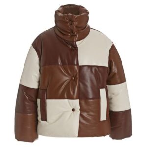 Puffer Style Checkered Print Brown Leather Jacket