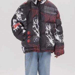 Anime Printed Black Puffer Jacket