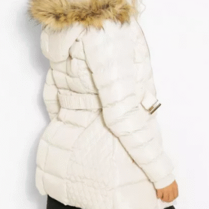 Faux Fur Trim Hooded Belted Puffer White Coat
