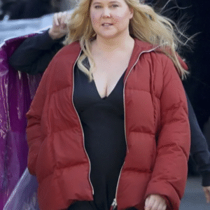 Amy Schumer Kinda Pregnant 2025 Red Puffer Jacket