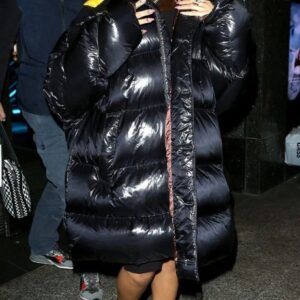 Rihanna Puffer Black Long Coat