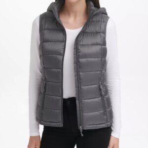 Women’s Packable Hooded Grey Puffer Vest